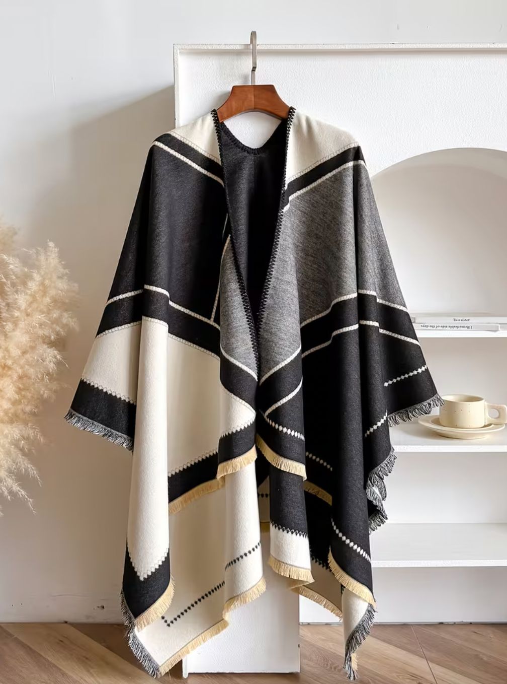 Beige /Black Abstract Soft Ruana Poncho Beige /Black Abstract Soft Ruana Poncho