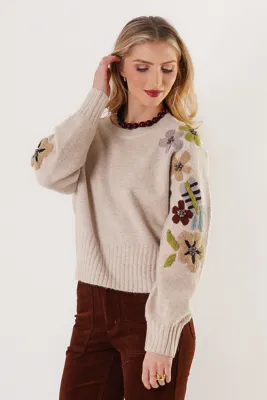 Multi Colored Floral Embroidered Beige Crewneck
