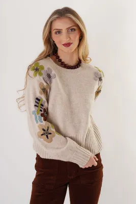 Multi Colored Floral Embroidered Beige Crewneck Multi Colored Floral Embroidered Beige Crewneck
