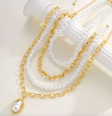 4 Layer Gold Chain/Pearl Necklace Set