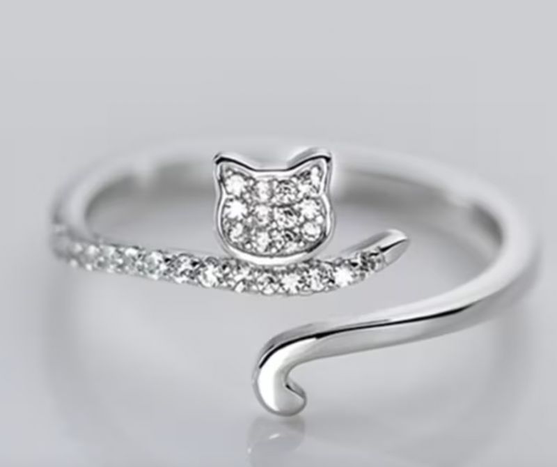 Delicate Silver Rhinestone Adjustable Cat Ring