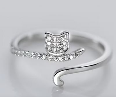 Delicate Silver Rhinestone Adjustable Cat Ring