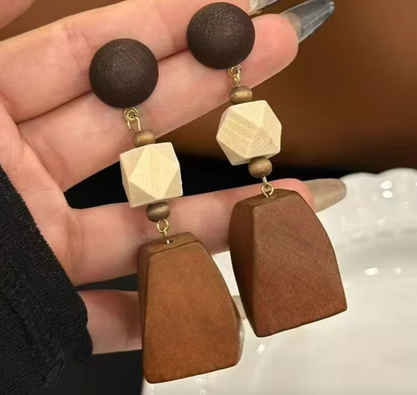 Bohemian Style Wooden Large Bead Statement Earrings Bohemian Style Wooden Large Bead Statement Earrings