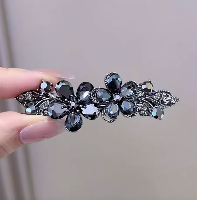 Gunmetal Crystal Flower Hair Clip Spring Barrette