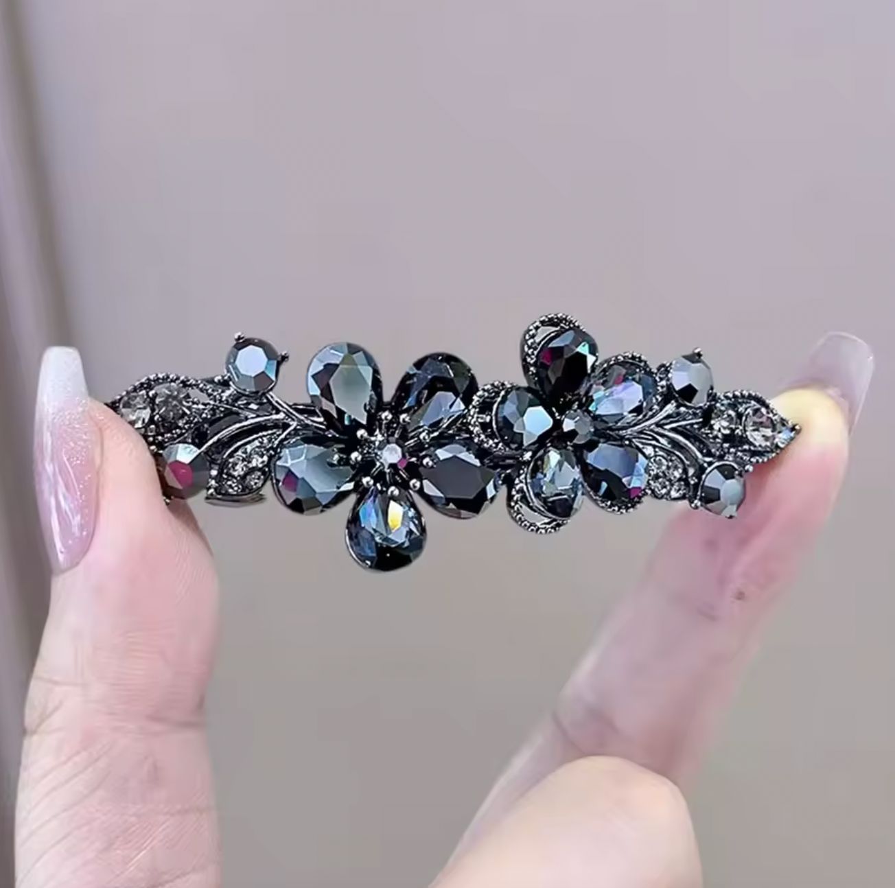 Gunmetal Crystal Flower Hair Clip Spring Barrette