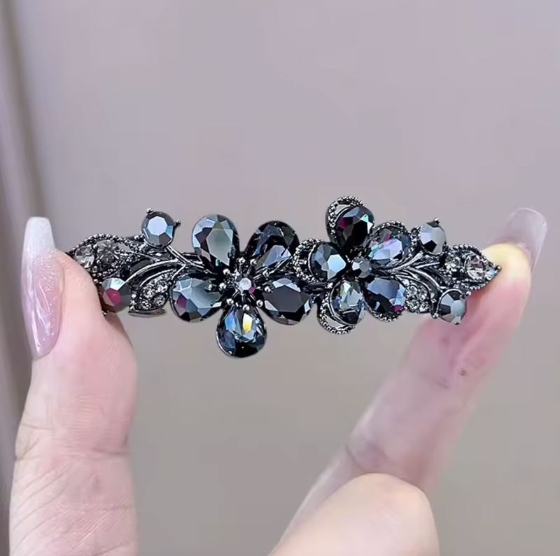 Gunmetal Crystal Flower Hair Clip Spring Barrette Gunmetal Crystal Flower Hair Clip Spring Barrette