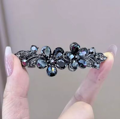 Gunmetal Crystal Flower Hair Clip Spring Barrette