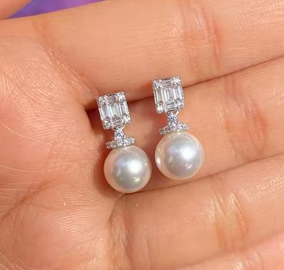 AAA Cubic Zirconia Emerald Cut Pearl Drop Formal Eaarrings