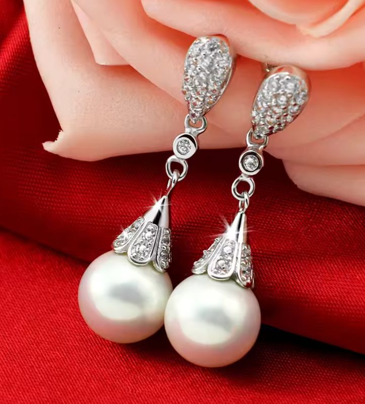 Classic 925 Sterling Silver Clear Crystal Long Pearls Drop Earrings