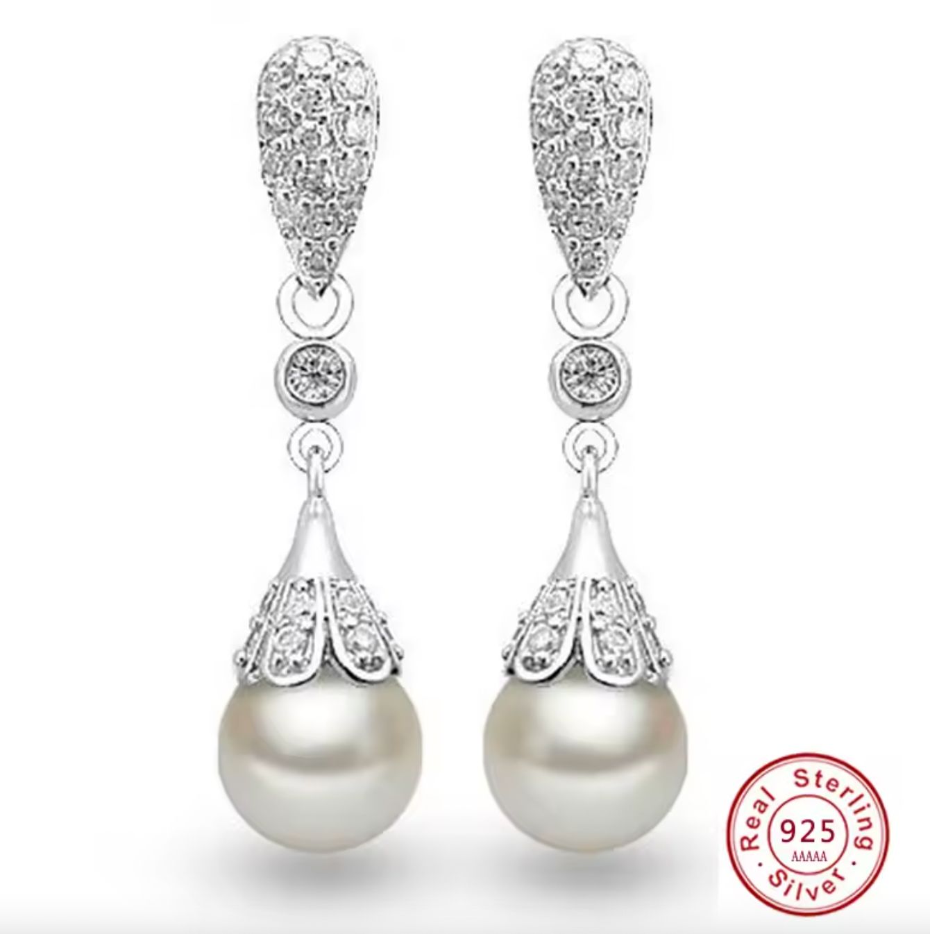 Classic 925 Sterling Silver Clear Crystal Long Pearls Drop Earrings