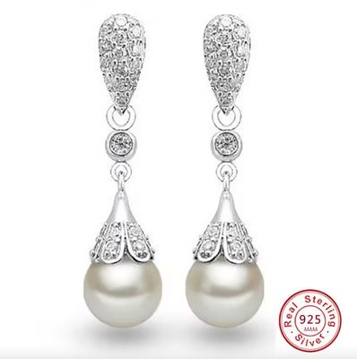 Classic 925 Sterling Silver Clear Crystal Long Pearls Drop Earrings Classic 925 Sterling Silver Clear Crystal Long Pearls Drop Earrings