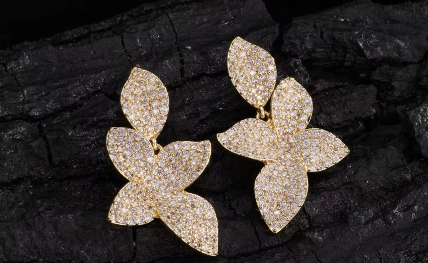 Gold/Clear Pave CZ Floral Leaf Earrings Gold/Clear Pave CZ Floral Leaf Earrings