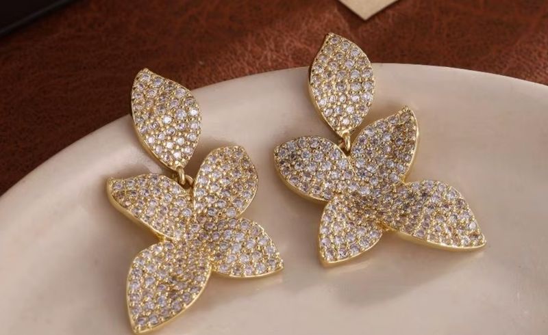 Gold/Clear Pave CZ Floral Leaf Earrings