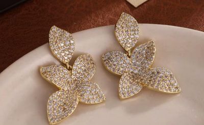 Gold/Clear Pave CZ Floral Leaf Earrings