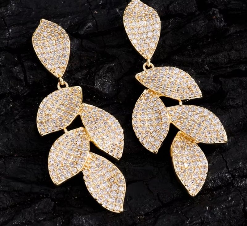 Gold/Clear Micro Pave CZ Dangle Leaf Earrings