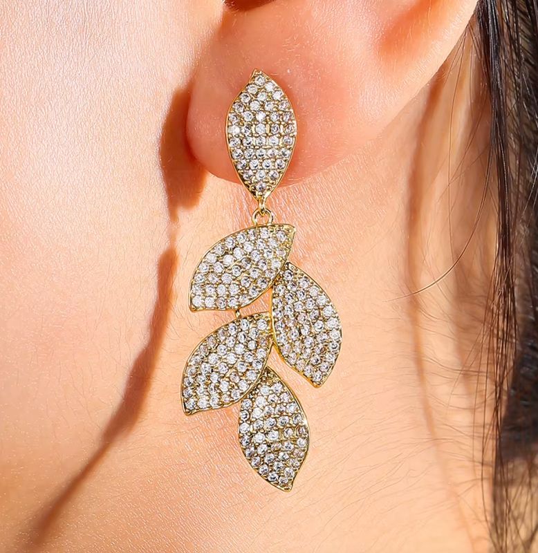 Gold/Clear Micro Pave CZ Dangle Leaf Earrings Gold/Clear Micro Pave CZ Dangle Leaf Earrings