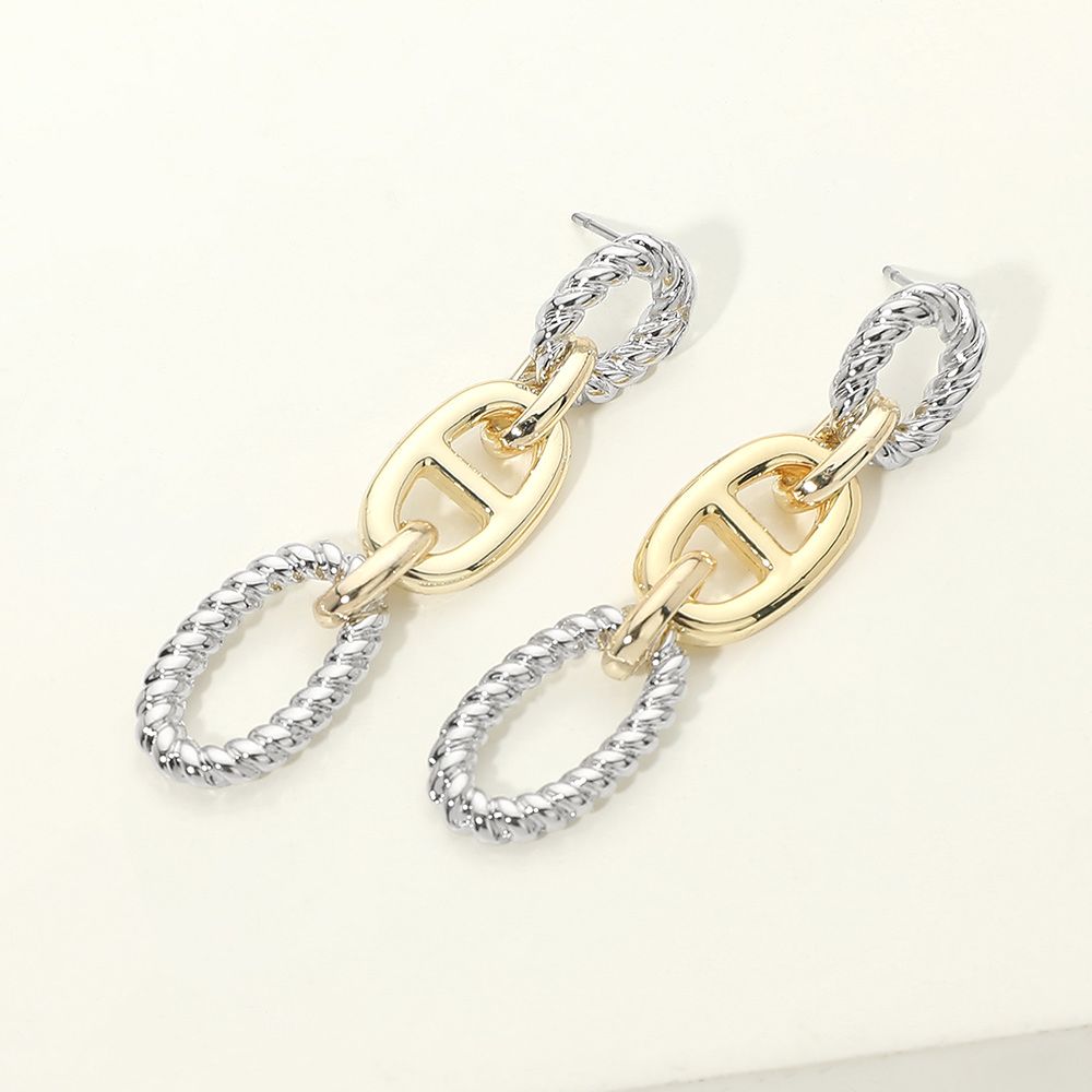 14K Gold Plated Two Tone Rope Oval Ring Mariner Link Drop Earrings