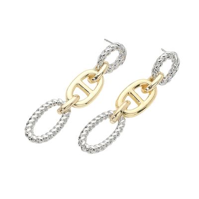 14K Gold Plated Two Tone Rope Oval Ring Mariner Link Drop Earrings