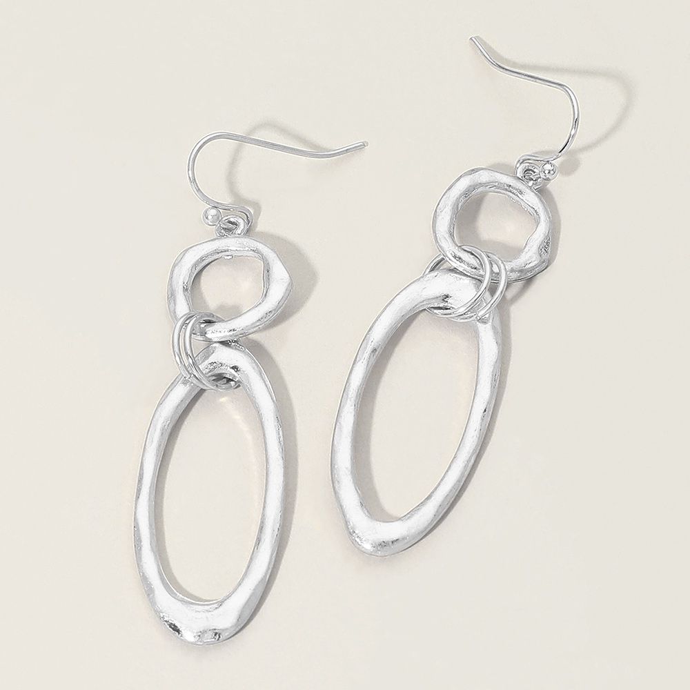 Worn Silver Hammered Metal Open Circle Oval Link Drop Earrings