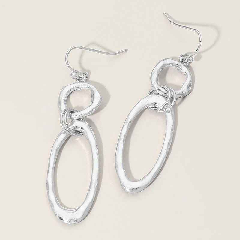 Worn Silver Hammered Metal Open Circle Oval Link Drop Earrings Worn Silver Hammered Metal Open Circle Oval Link Drop Earrings