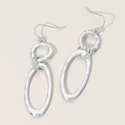 Worn Silver Hammered Metal Open Circle Oval Link Drop Earrings Worn Silver Hammered Metal Open Circle Oval Link Drop Earrings