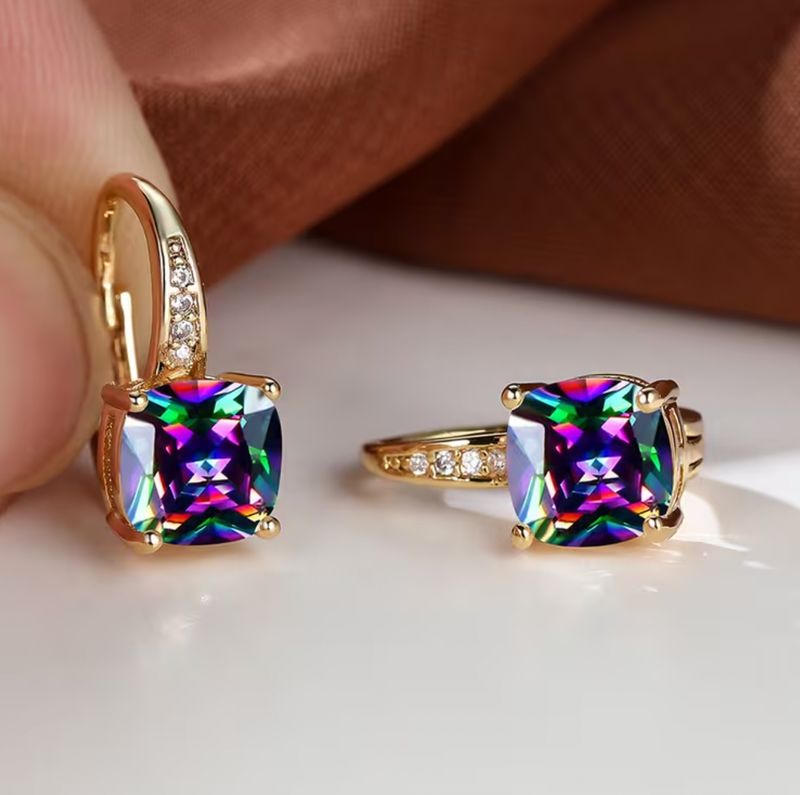 Small Rainbow CZ Gold Cantilever Back  Drop Earrings