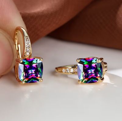 Small Rainbow CZ Gold Cantilever Back Drop Earrings