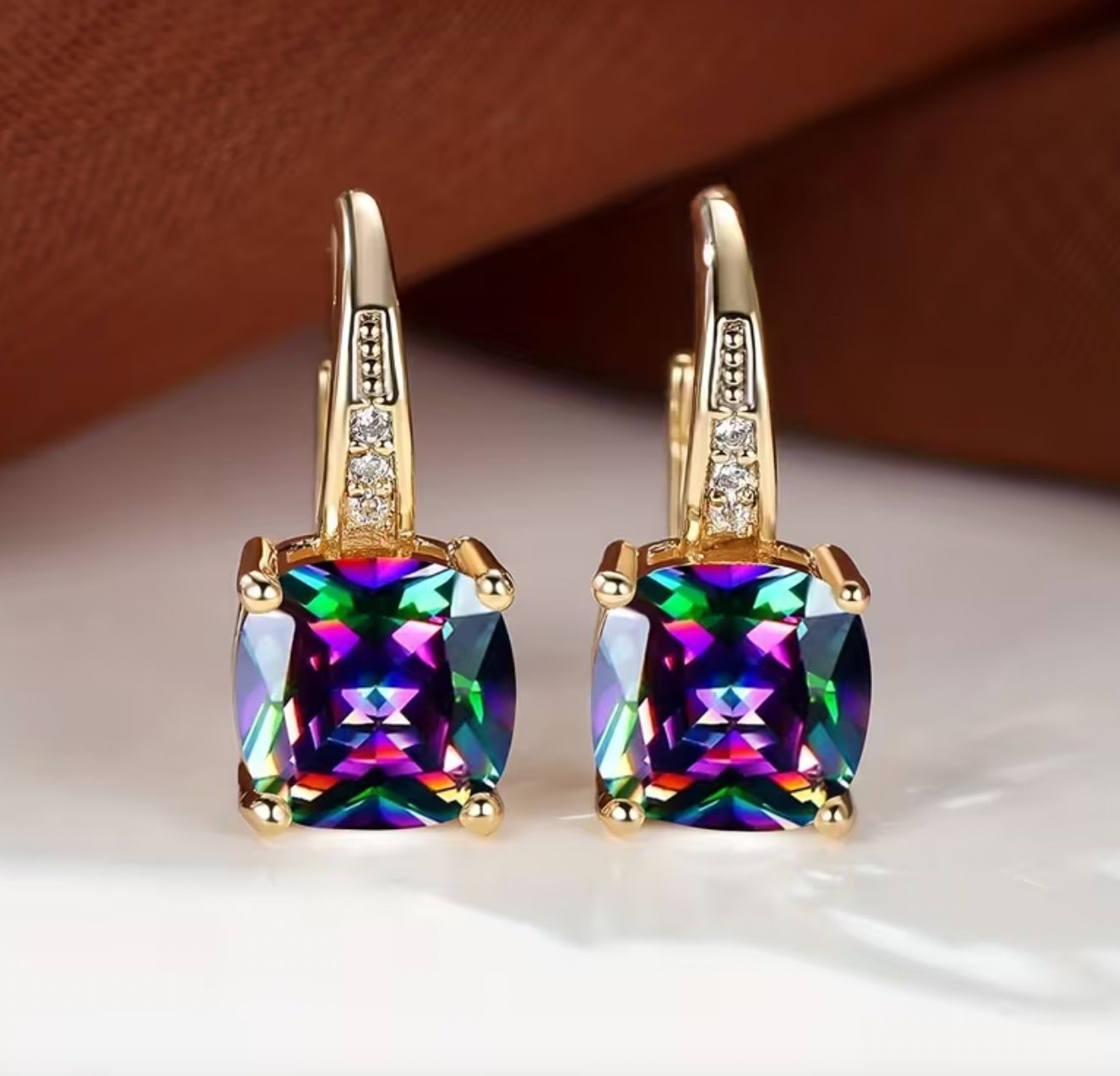 Small Rainbow CZ Gold Cantilever Back Drop Earrings Small Rainbow CZ Gold Cantilever Back Drop Earrings