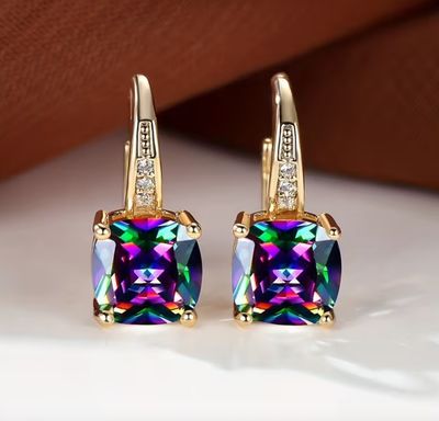 Small Rainbow CZ Gold Cantilever Back Drop Earrings Small Rainbow CZ Gold Cantilever Back Drop Earrings