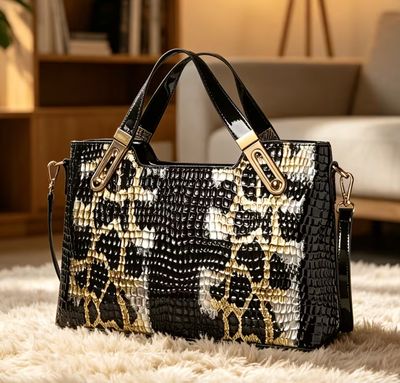 Glossy Black &amp; Golden Luxurious Snakeskin Handbag