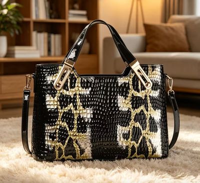 Glossy Black &amp; Golden Luxurious Snakeskin Handbag