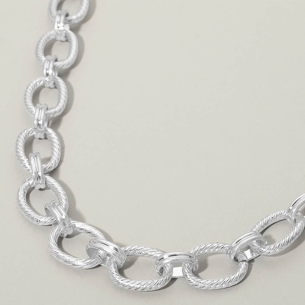 Worn Silver Textured Metal Oval Link Chain Necklace