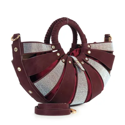 Burgundy Unique Design Rhinestone Accented Hand Tote Burgundy Unique Design Rhinestone Accented Hand Tote