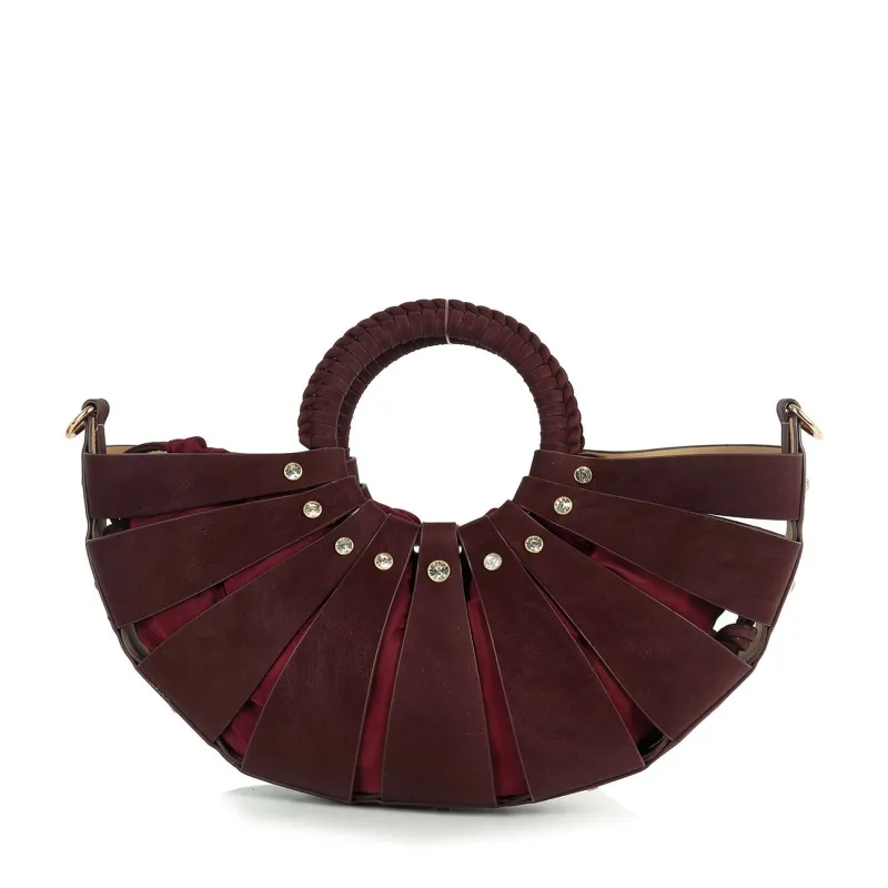 Burgundy Unique Design Rhinestone Accented Hand Tote