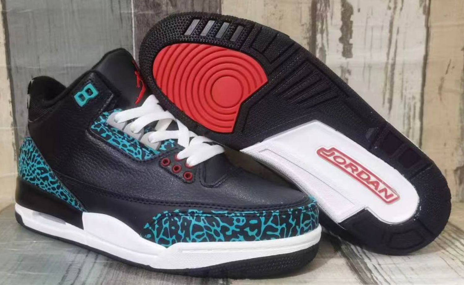 AIR JORDAN 3 GS MOTO. BLK/TEAL/WHT/RED.