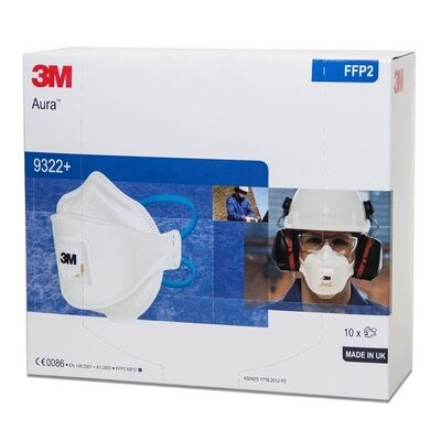 3M 9322A+ Disposable Respirator Face Mask Flat Fold Valved P2 (Box Of 10)