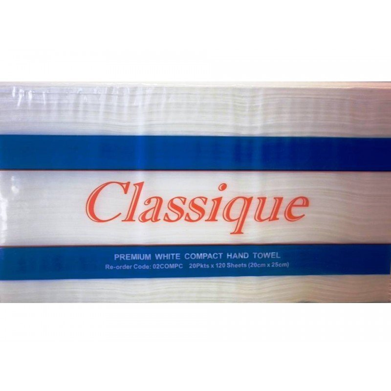 Classique Compact Hand Towel White Ctn: 20 Pkts x 120 Sheet 20cm x 25cm