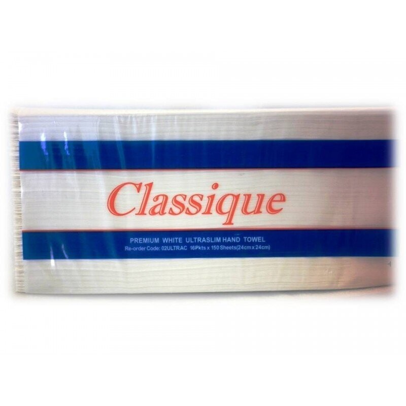 Classique Premium Ultra Slim Hand Towel white Ctn:  16 Pkts x 150 Sheet    24cm x 24cm