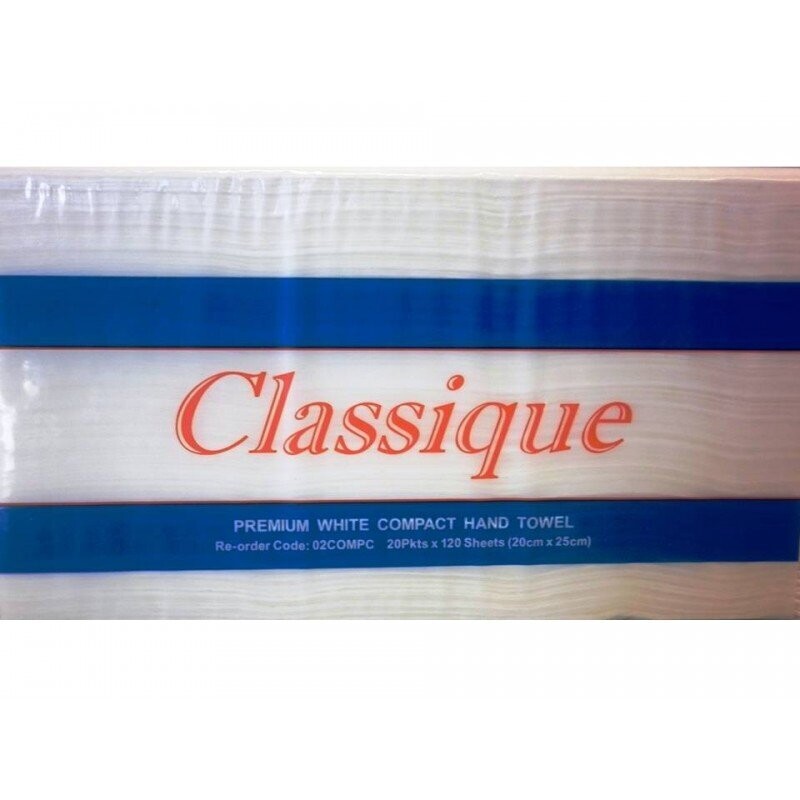 Classique Compact Hand Towel White Ctn: 20 Pkts x 120 Sheet   20cm x 25cm