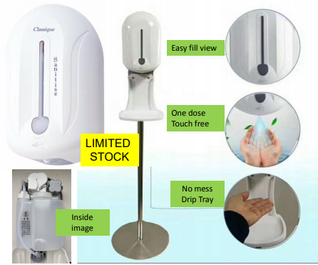 Classique Auto Touch Free Sanitiser Stand - Complete with Dispenser & Drip Tray  with 1.1lt Bulk Fill Capacity