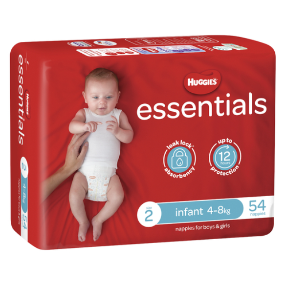 Huggies Essentials Nappies Unisex Size 2 Infant (4 - 8kg) 4 x 54 (216/ctn)