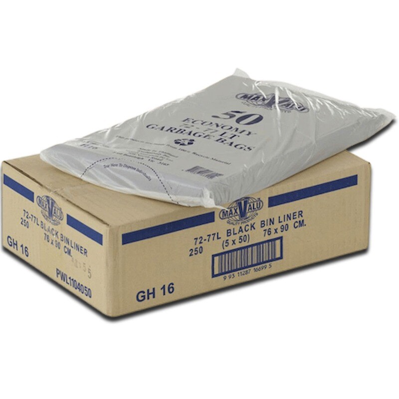 72L Black Strong All Purpose Rubbish Bags / Bin Liners 14micron 5x50 Tidy Bag Rolls 90x76cm (250 Bags)