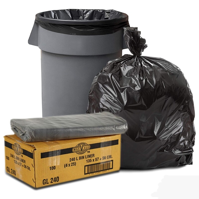 240L Black Heavy Duty Bin Liners, Rubbish Bags, 20micron, 4x25 (100 Bags)