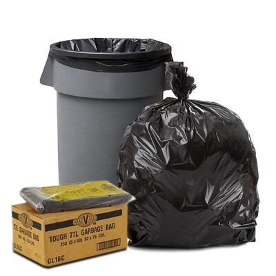 77L Black Tough Heavy Duty Black Rubbish Bags / Bin Liners, 22micron, 5x50 (250 Garbage Bags)
