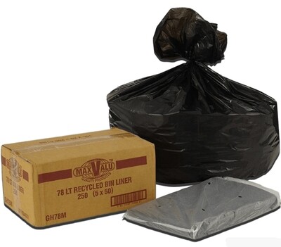 78L Black Heavy Duty Bin Liners, Rubbish Bags, 17micron, 92x76cm, 5x50 Rolls (250 Bags)