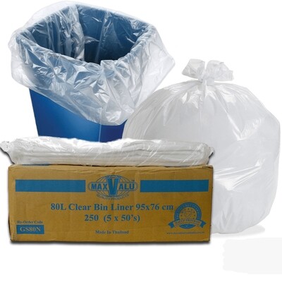 80L Clear Heavy Duty Bin Liners, Rubbish Bags, 5x50 Rolls (250 Bags)