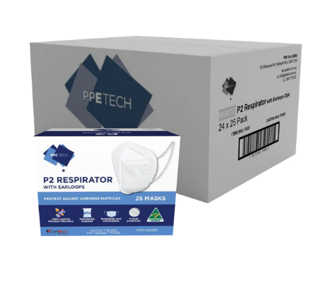 25pcs PPE Tech Australian Made 4-Layer P2 Face Masks with Earloops  x 24 Carton (White)
