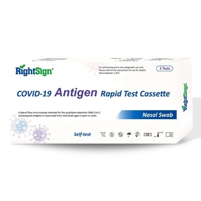 RightSign 5 Pack Covid-19 Rapid Antigen Home Test Kit Nasal Swab Very High Sensitivity