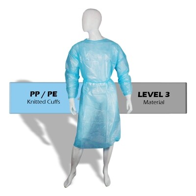 PP/PE Disposable Clinical Blue Isolation Medical Gowns Knitted Cuff & Tie