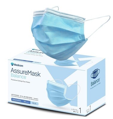 Medicom AssureMask Balance Procedure Blue Face Masks Earloop Level 1 Box of 50